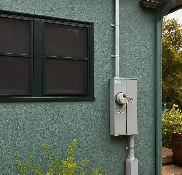 New meter base and service riser mounted on the stucco exterior of a green Portland house